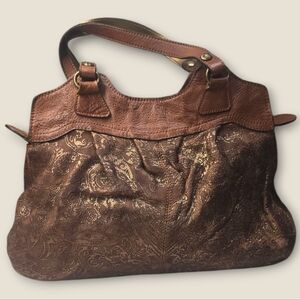 Patricia Nash Napoli Brown Handbag Bag Satchel Gold Etched Leather Large Hobo